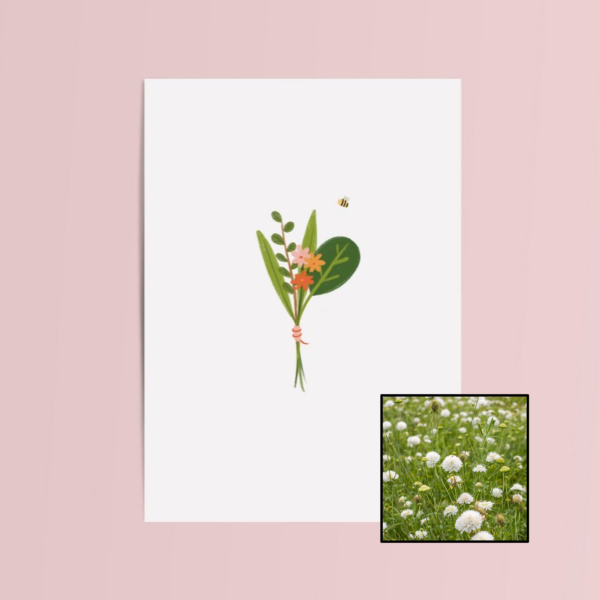 Boeket & Bij wenskaart met bloemenzaad met duifkruid