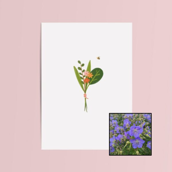 Boeket & Bij wenskaart met bloemenzaad met geranium