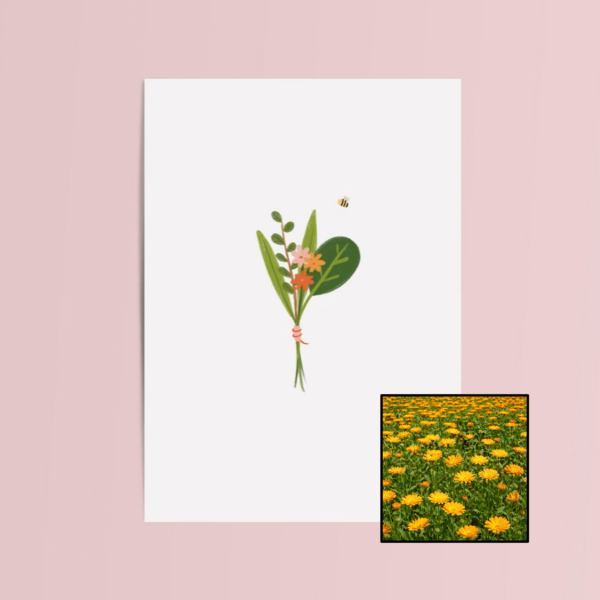 Boeket & Bij wenskaart met bloemenzaad met goudsbloemen