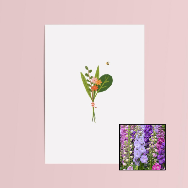 Boeket & Bij wenskaart met bloemenzaad met ridderspoor