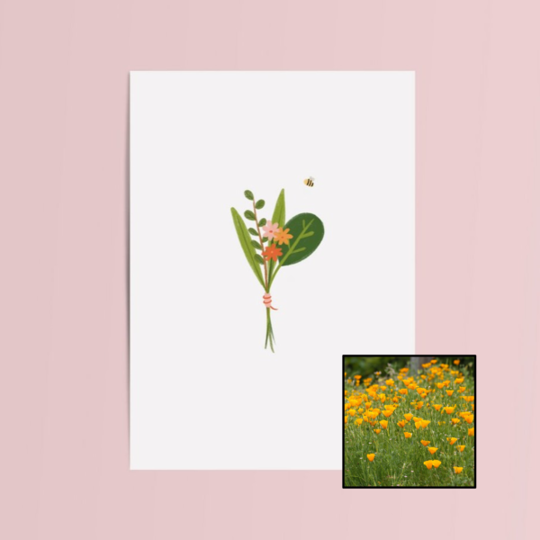 Boeket & Bij wenskaart met bloemenzaad met slaapmutsje
