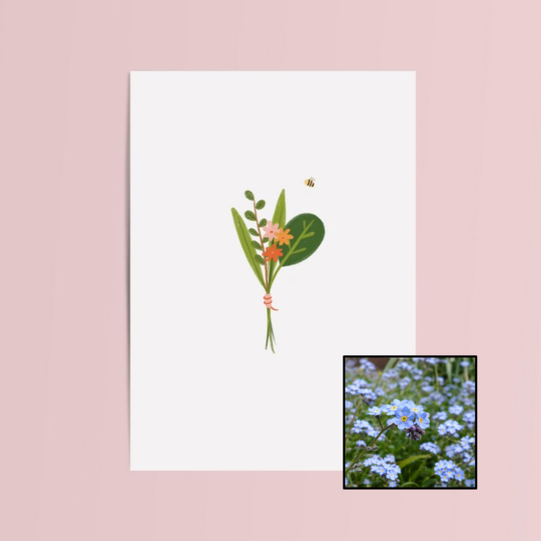 Boeket & Bij wenskaart met bloemenzaad met vergeet mij nietjes