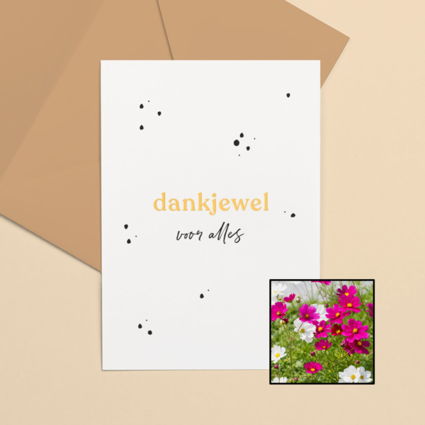Dankjewel wenskaart met bloemenzaad met cosmea kleurenmix