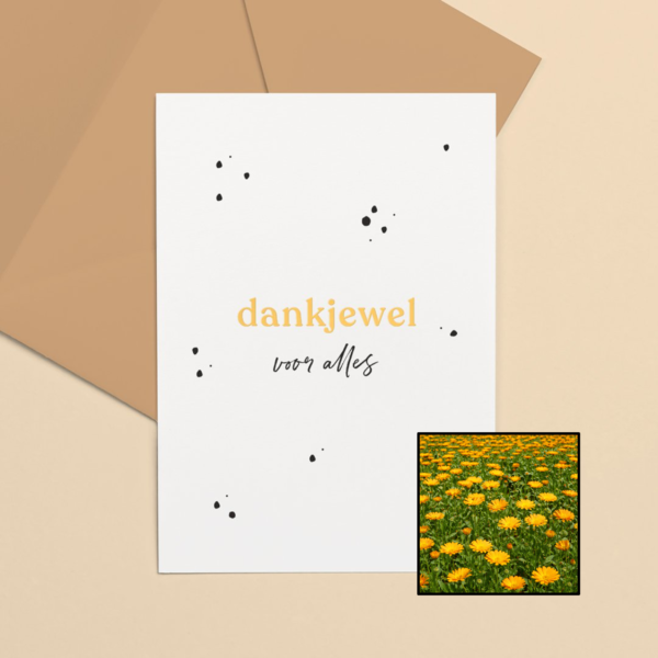 Dankjewel wenskaart met bloemenzaad met goudsbloemen
