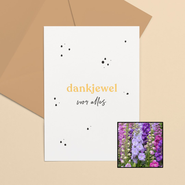 Dankjewel wenskaart met bloemenzaad met ridderspoor