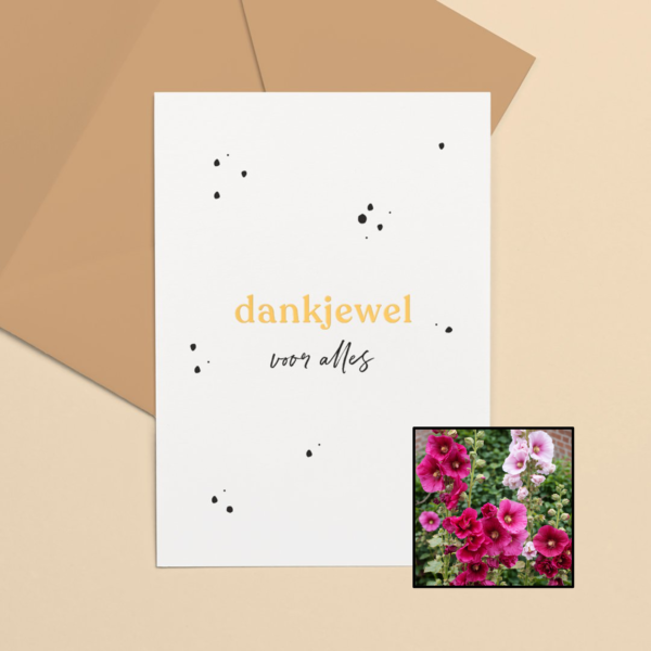 Dankjewel wenskaart met bloemenzaad met stokroos