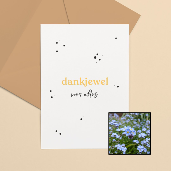 Dankjewel wenskaart met bloemenzaad met vergeet-mij-nietjes