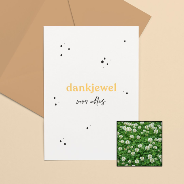 Dankjewel wenskaart met bloemenzaad met witte klaver