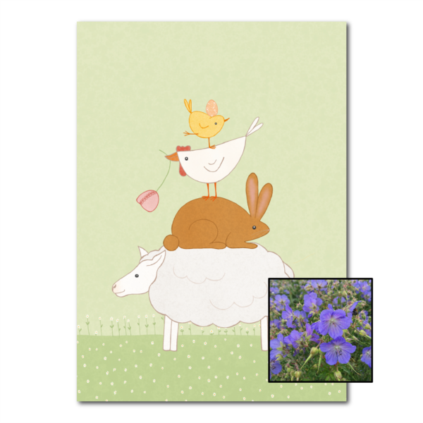 Dierenstapel wenskaart met bloemenzaad met geranium