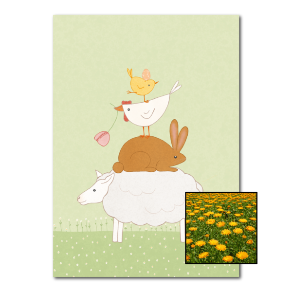 Dierenstapel wenskaart met bloemenzaad met goudsbloemen