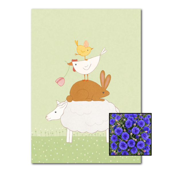 Dierenstapel wenskaart met bloemenzaad met korenbloemen blauw