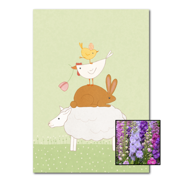 Dierenstapel wenskaart met bloemenzaad met ridderspoor