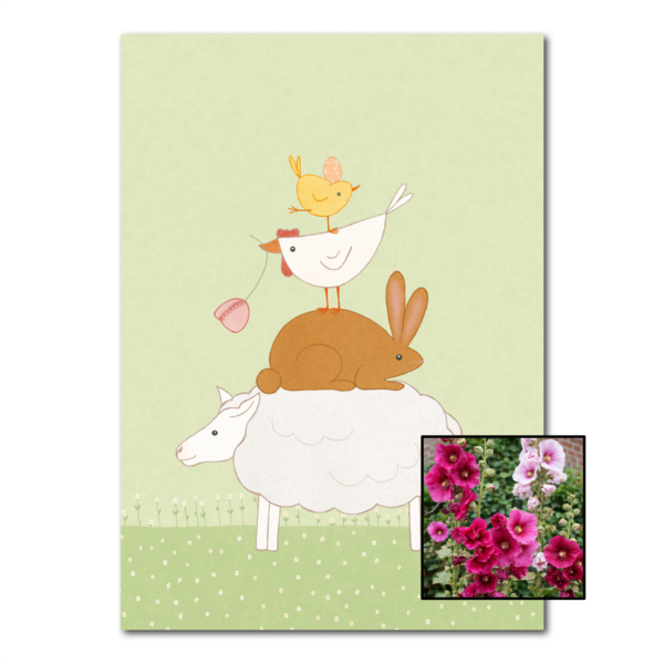 Dierenstapel wenskaart met bloemenzaad met stokroos