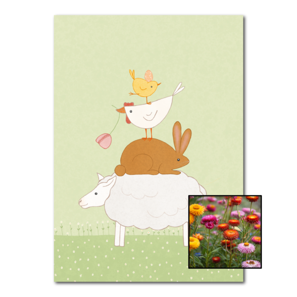 Dierenstapel wenskaart met bloemenzaad met strobloem