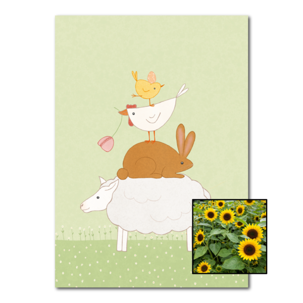 Dierenstapel wenskaart met bloemenzaad met hoge zonnebloemen