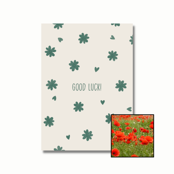 Good Luck wenskaart met bloemenzaad met klaprozen