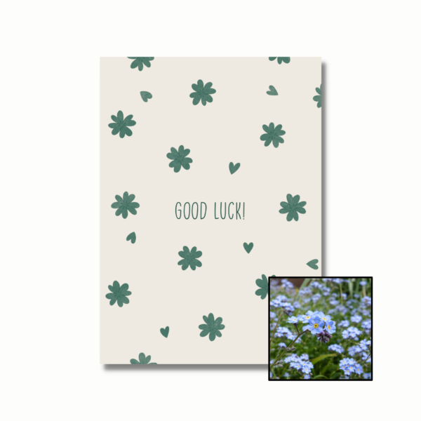 Good Luck wenskaart met bloemenzaad met vergeet-mij-nietjes