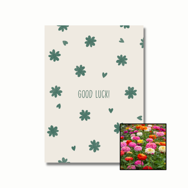 Good Luck wenskaart met bloemenzaad met zinnia elegans dahlia