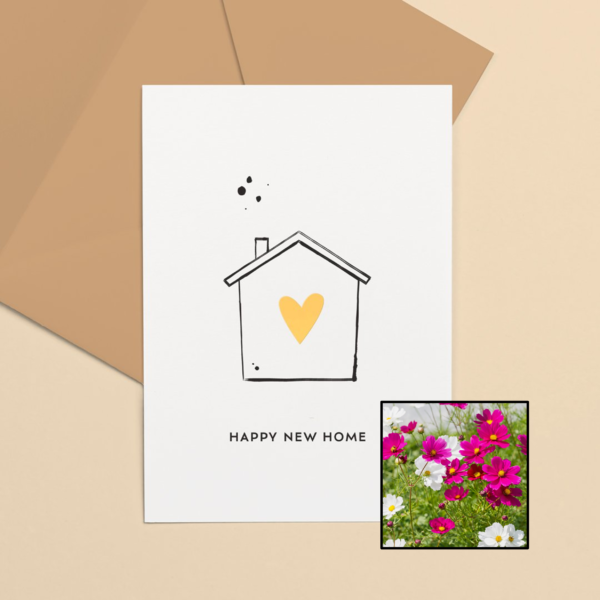 Happy New Home wenskaart met bloemenzaad met cosmea kleurenmix