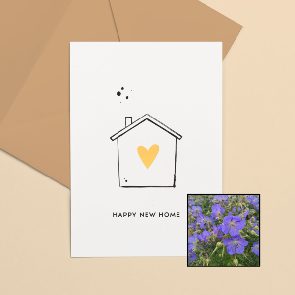 Happy New Home wenskaart met bloemenzaad met geranium