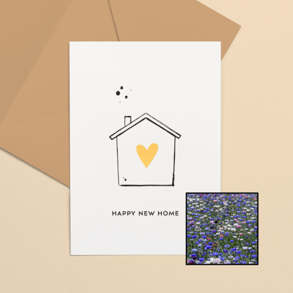 Happy New Home wenskaart met bloemenzaad met korenbloemen kleurenmix