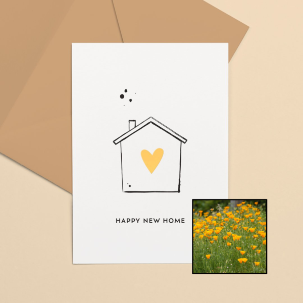 Happy New Home wenskaart met bloemenzaad met goudsbloemen