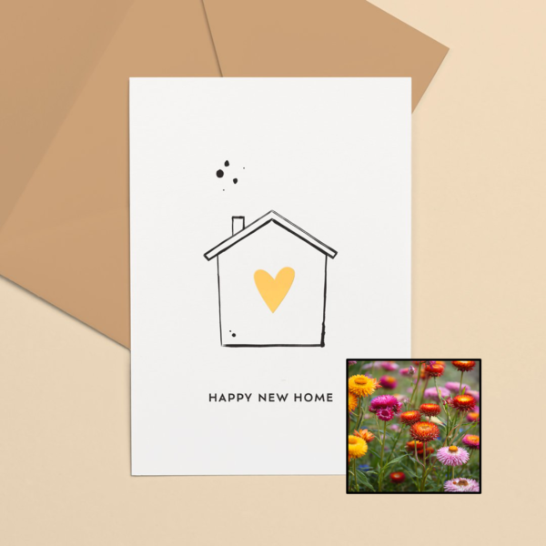 Happy New Home wenskaart met bloemenzaad met strobloem