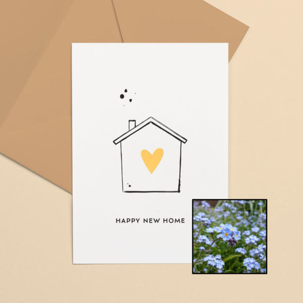 Happy New Home wenskaart met bloemenzaad met vergeet-mij-nietjes