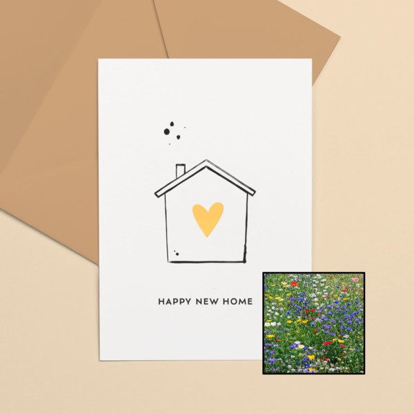 Happy New Home wenskaart met bloemenzaad met weidebloemenmix