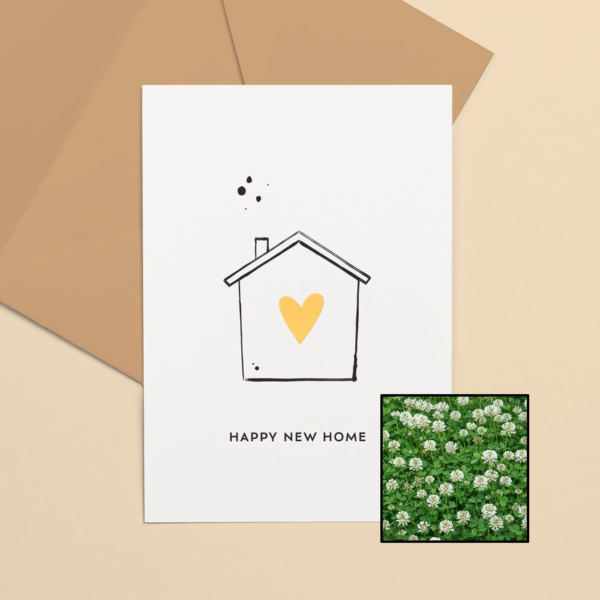 Happy New Home wenskaart met bloemenzaad met witte klaver