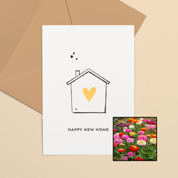 Happy New Home wenskaart met bloemenzaad met zinnia elegans dahlia