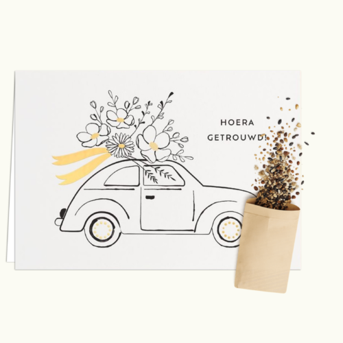 Hoera Getrouwd wenskaart met bloemenzaad van Bloei-post