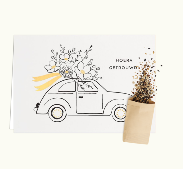 Hoera Getrouwd wenskaart met bloemenzaad van Bloei-post
