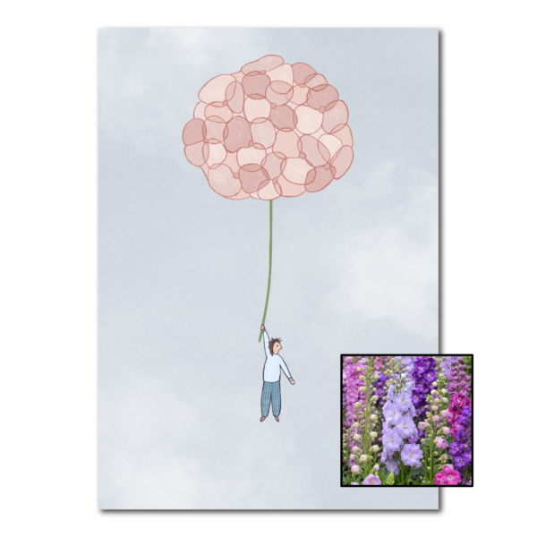 Hortensia wenskaart met bloemenzaad met ridderspoor