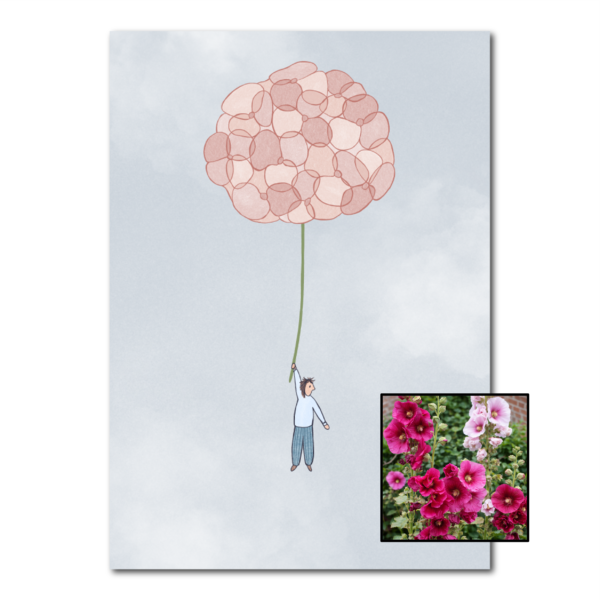 Hortensia wenskaart met bloemenzaad met stokroos