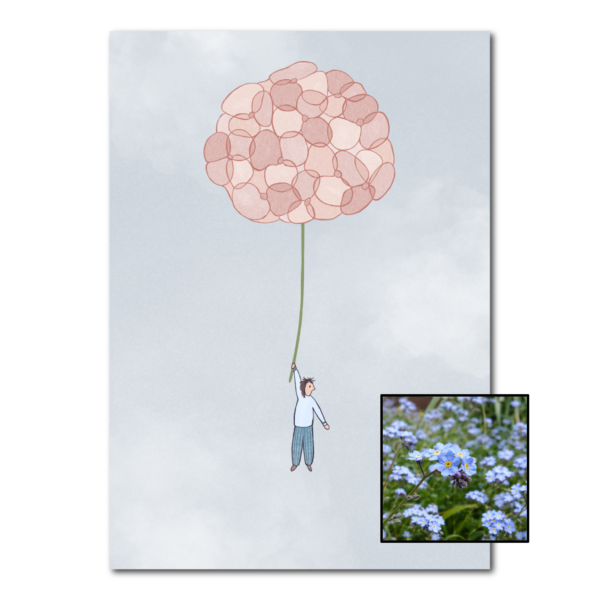 Hortensia wenskaart met bloemenzaad met vergeet-mij-nietjes