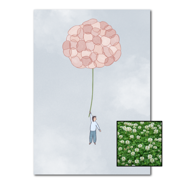 Hortensia wenskaart met bloemenzaad met witte klaver