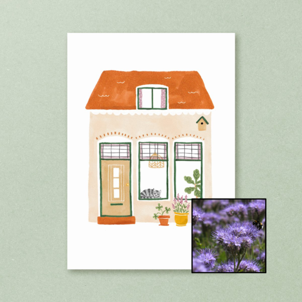 Huisje wenskaart met bloemenzaad met bijenvoer