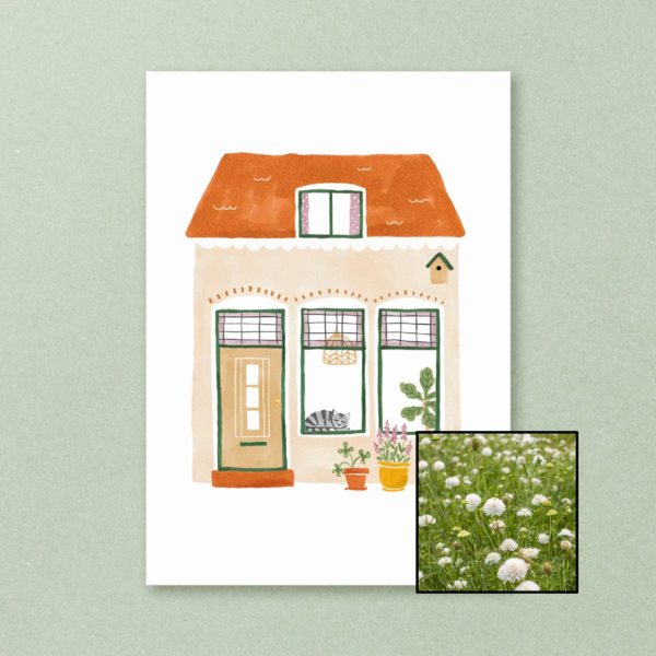 Huisje wenskaart met bloemenzaad met duifkruid