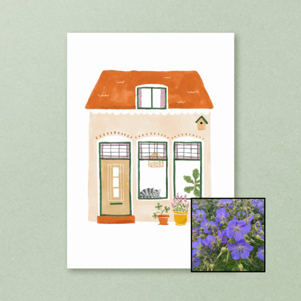 Huisje wenskaart met bloemenzaad met geranium