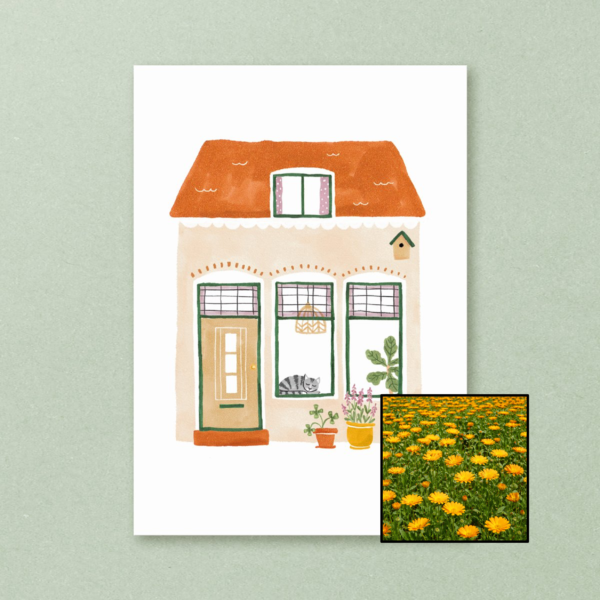 Huisje wenskaart met bloemenzaad met goudsbloemen