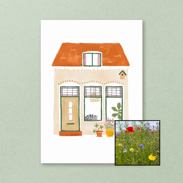 Huisje wenskaart met bloemenzaad met inheemse bloemenmix