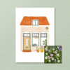Huisje wenskaart met bloemenzaad met juffertje-in-het-groen