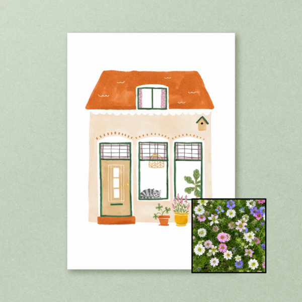 Huisje wenskaart met bloemenzaad met juffertje-in-het-groen