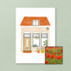 Huisje wenskaart met bloemenzaad met klaprozen