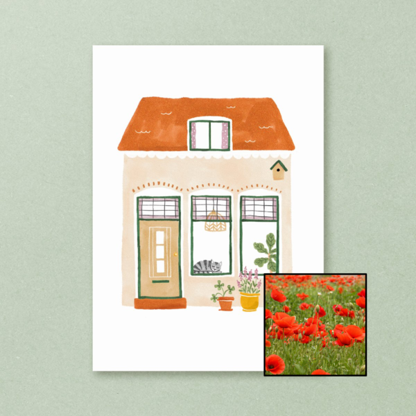 Huisje wenskaart met bloemenzaad met klaprozen