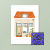 Huisje wenskaart met bloemenzaad met korenbloemen blauw