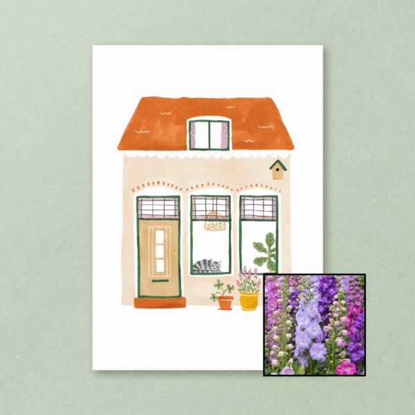 Huisje wenskaart met bloemenzaad met ridderspoor