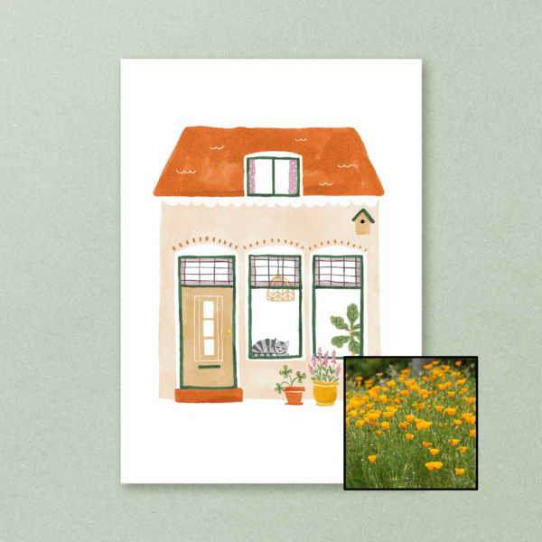 Huisje wenskaart met bloemenzaad met slaapmutsje