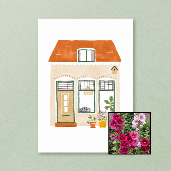 Huisje wenskaart met bloemenzaad met stokroos
